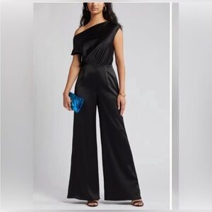 NWT One-Shoulder Satin Jumpsuit in black.